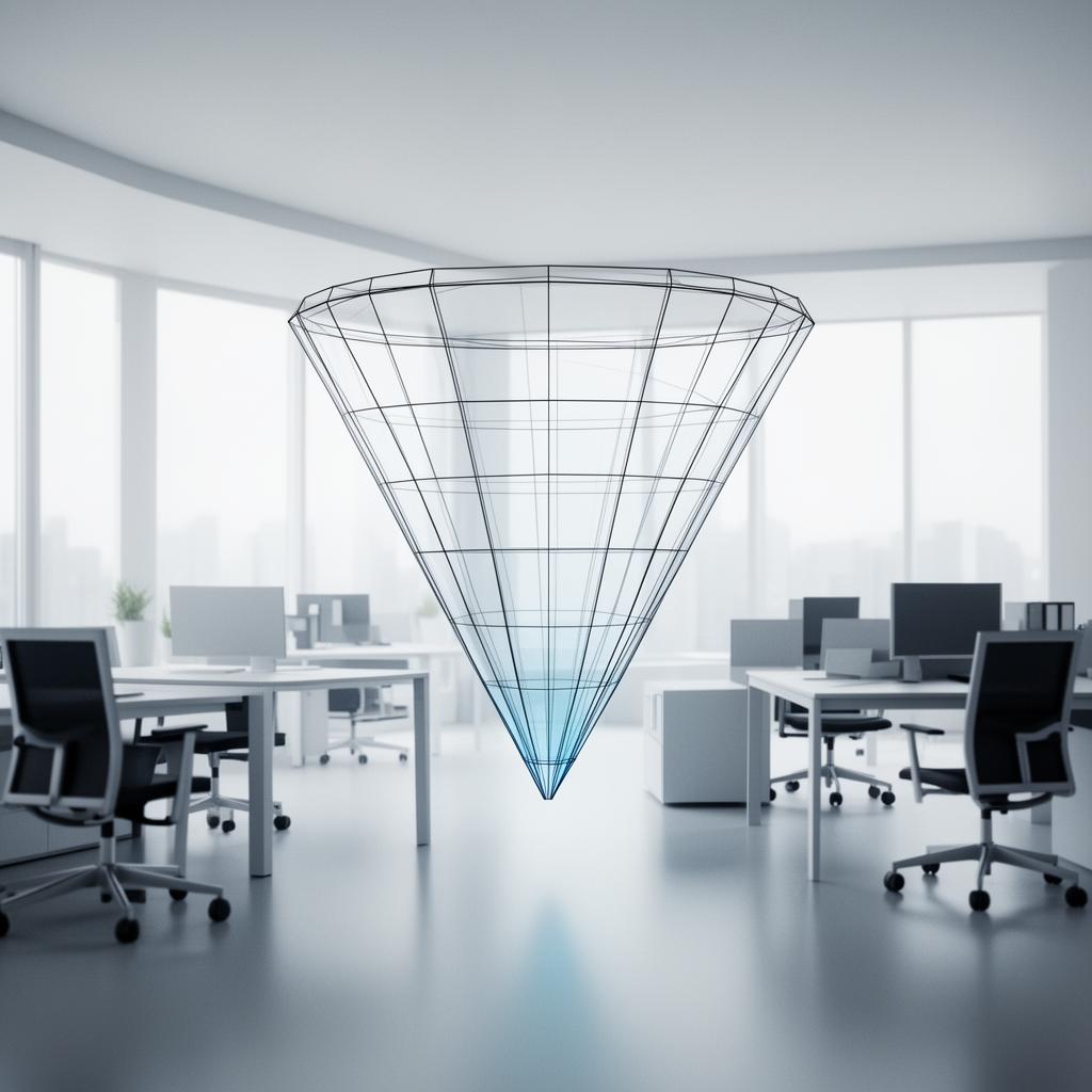 Architectural wireframe of a glass conversion funnel in a modern office